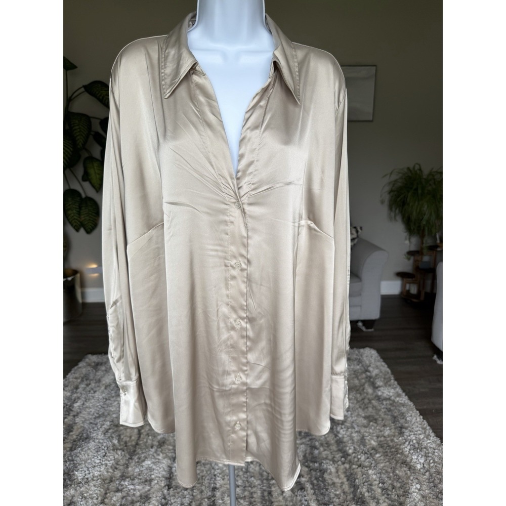 NWT H & M Satin Blouse Chic Office Siren Womens XXL Beige Long Sleeve Button Up